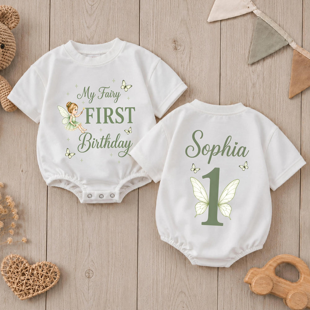 Personalized My Fairy First Birthday Romper for Baby Girls with Sage Green Design, Custom Name Outfit for Princess Cake Smash Party