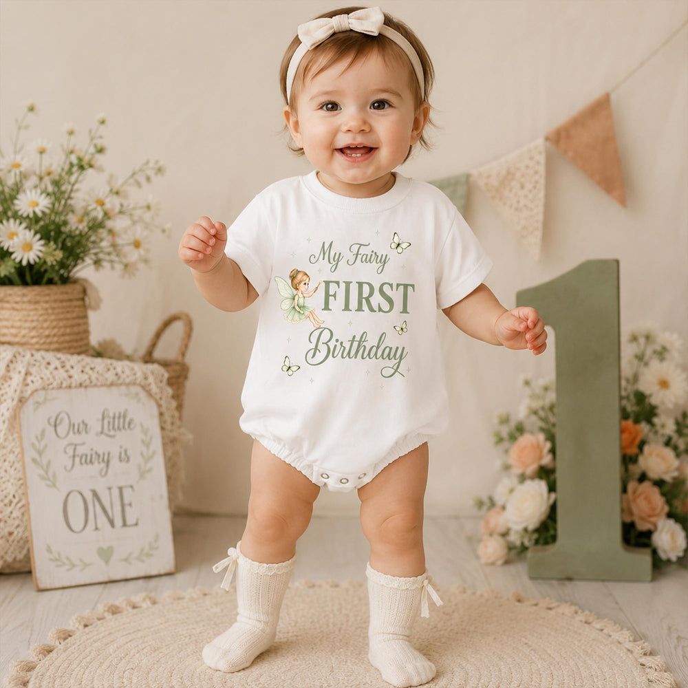 Personalized My Fairy First Birthday Romper for Baby Girls with Sage Green Design, Custom Name Outfit for Princess Cake Smash Party