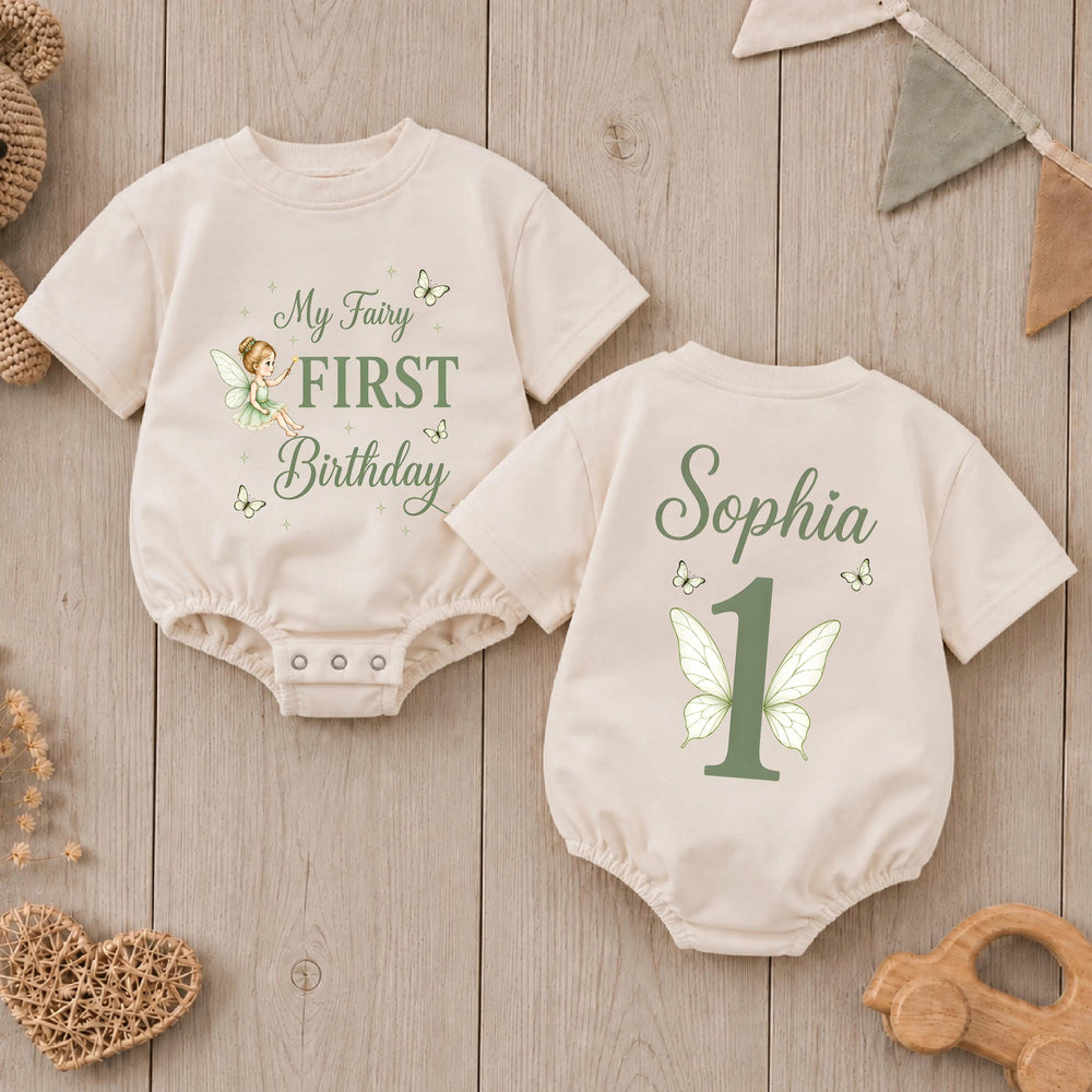 Personalized My Fairy First Birthday Romper for Baby Girls with Sage Green Design, Custom Name Outfit for Princess Cake Smash Party