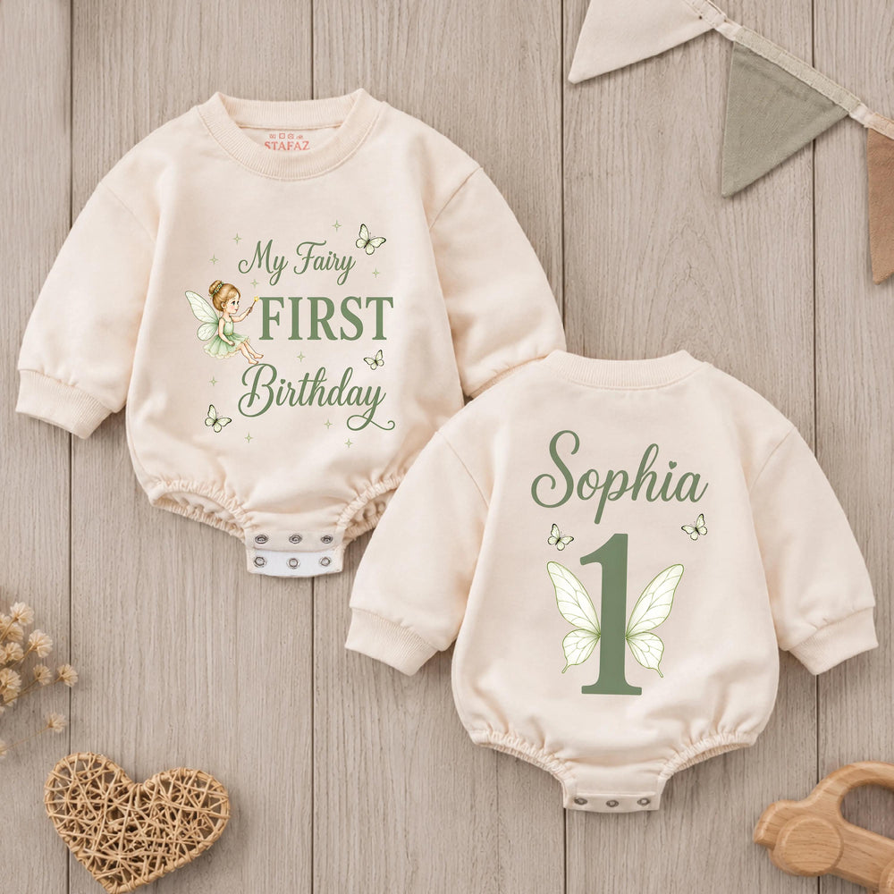 Personalized My Fairy First Birthday Romper for Baby Girls with Sage Green Design, Custom Name Outfit for Princess Cake Smash Party