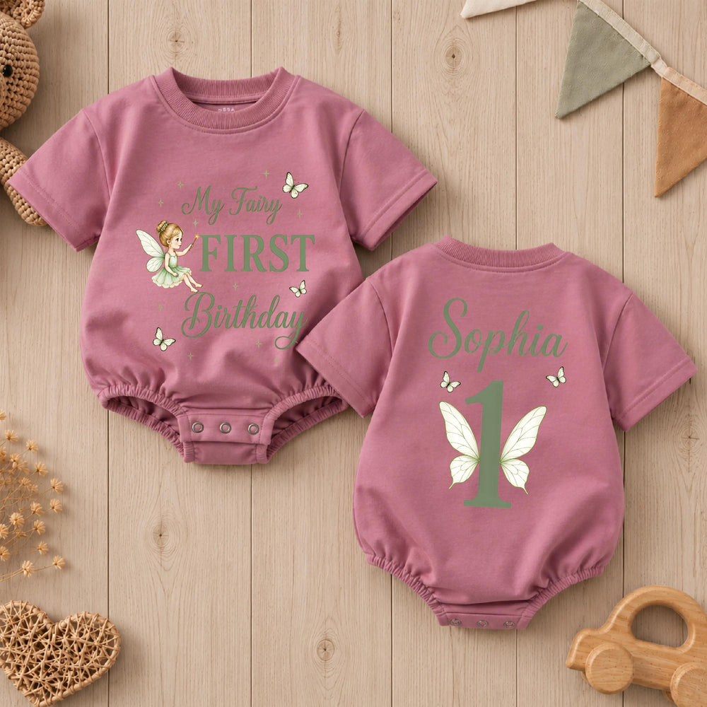 Personalized My Fairy First Birthday Romper for Baby Girls with Sage Green Design, Custom Name Outfit for Princess Cake Smash Party