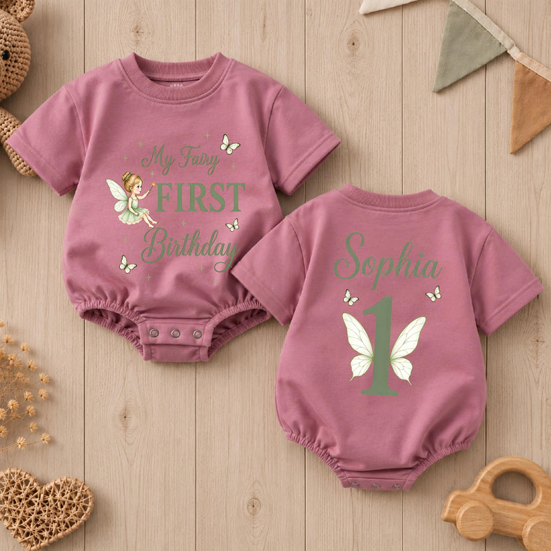 Personalized My Fairy First Birthday Romper for Baby Girls with Sage Green Design, Custom Name Outfit for Princess Cake Smash Party