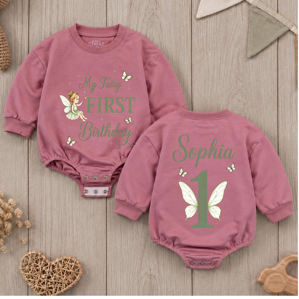 Personalized My Fairy First Birthday Romper for Baby Girls with Sage Green Design, Custom Name Outfit for Princess Cake Smash Party