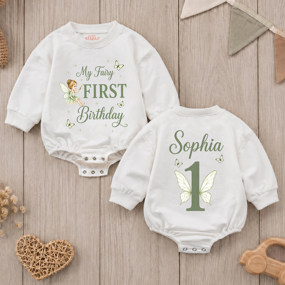 Personalized My Fairy First Birthday Romper for Baby Girls with Sage Green Design, Custom Name Outfit for Princess Cake Smash Party