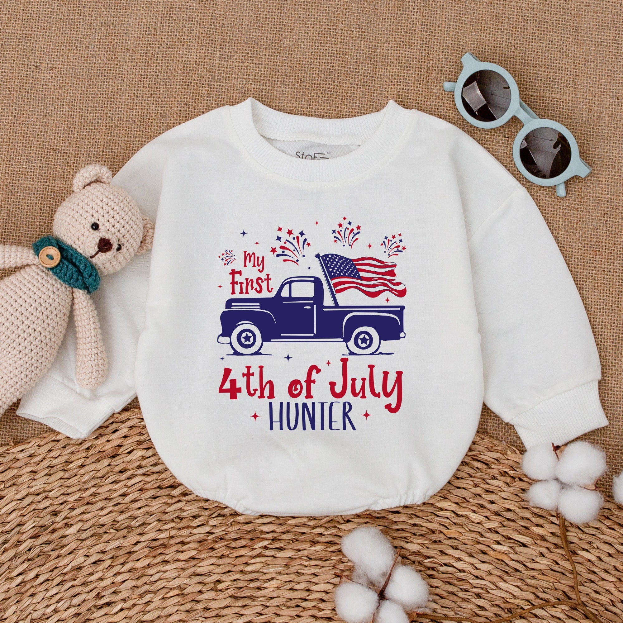 Personalized My First 4th of July Baby Romper with Blue Truck Design Patriotic Infant Clothes Holiday Gift Soft Cotton Baby Shower Outfit