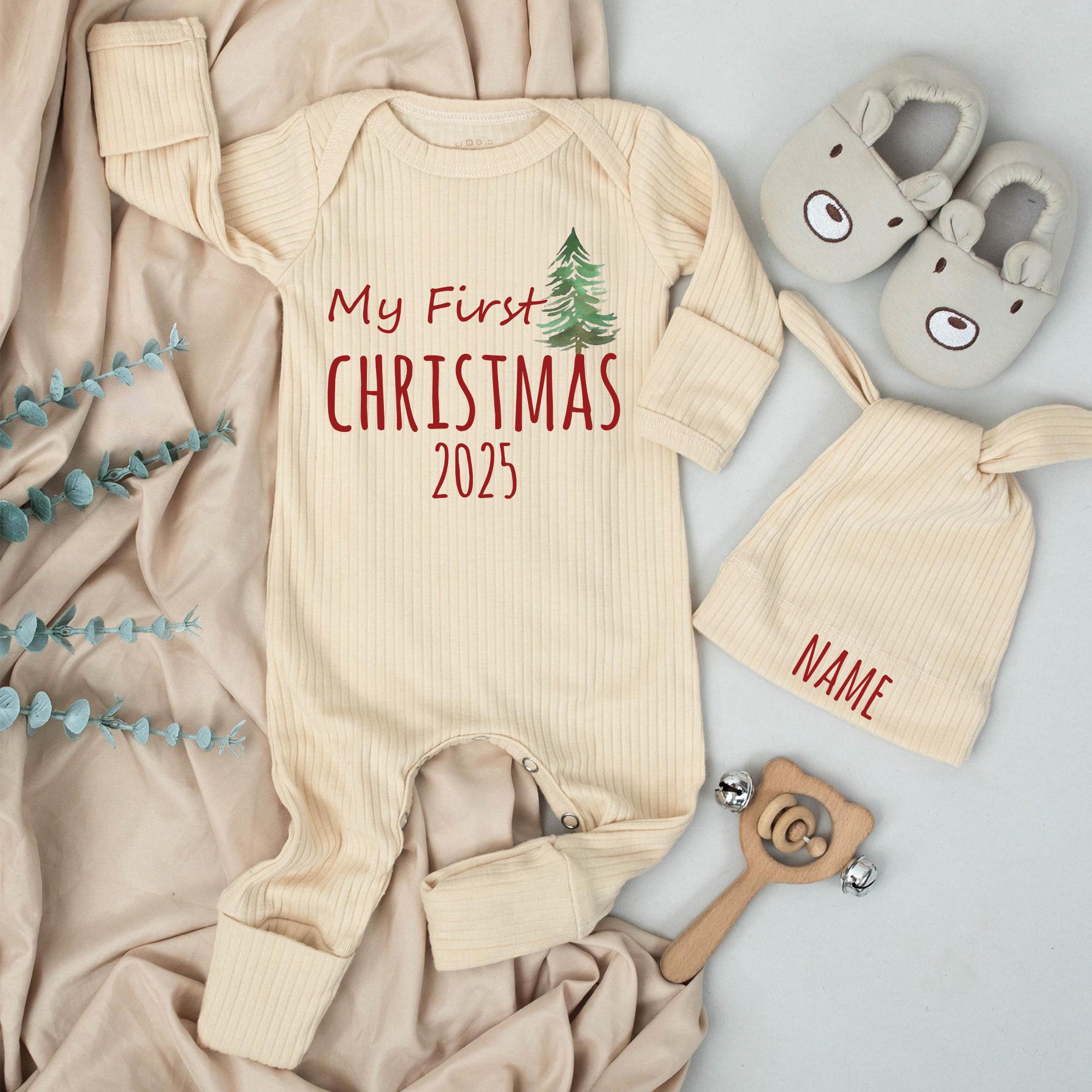 Personalized My First Christmas 2025 Baby Bodysuit and Hat Set Soft Cotton Newborn Long Sleeve Outfit Holiday Gift for Boys or Girls
