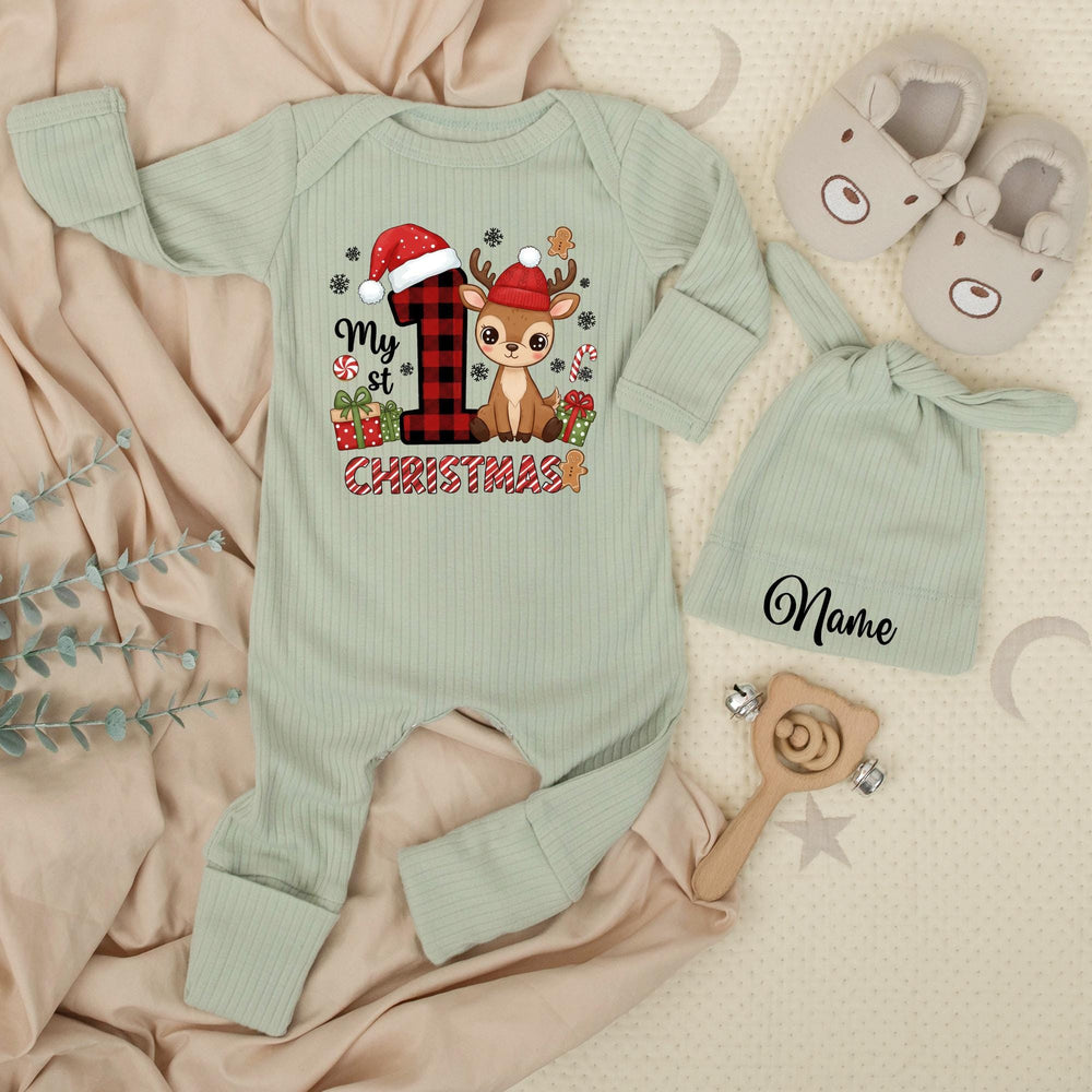Personalized My First Christmas Baby Outfit with Reindeer and Santa Hat Infant Romper and Hat Set Custom Name Perfect Holiday Gift