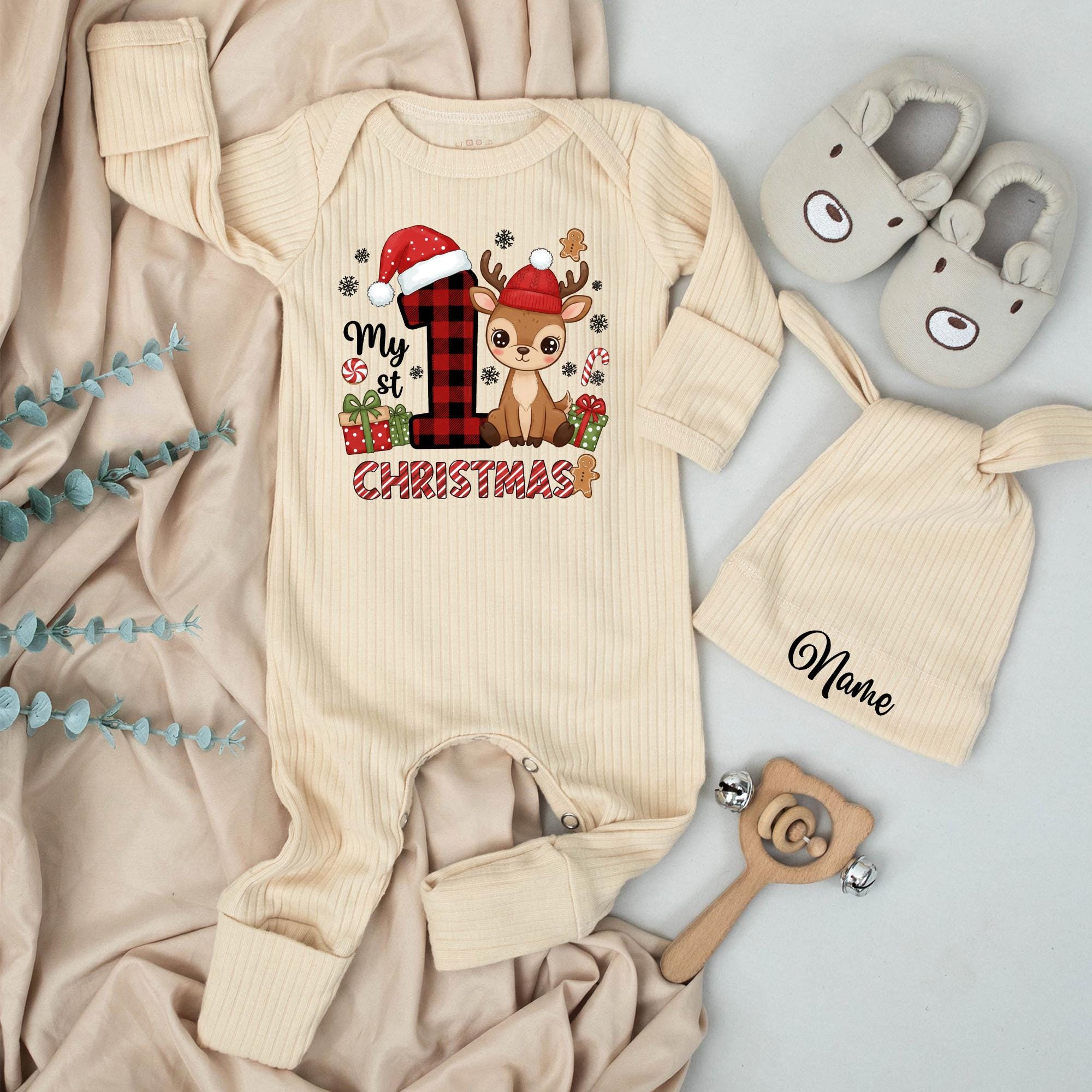 Personalized My First Christmas Baby Outfit with Reindeer and Santa Hat Infant Romper and Hat Set Custom Name Perfect Holiday Gift