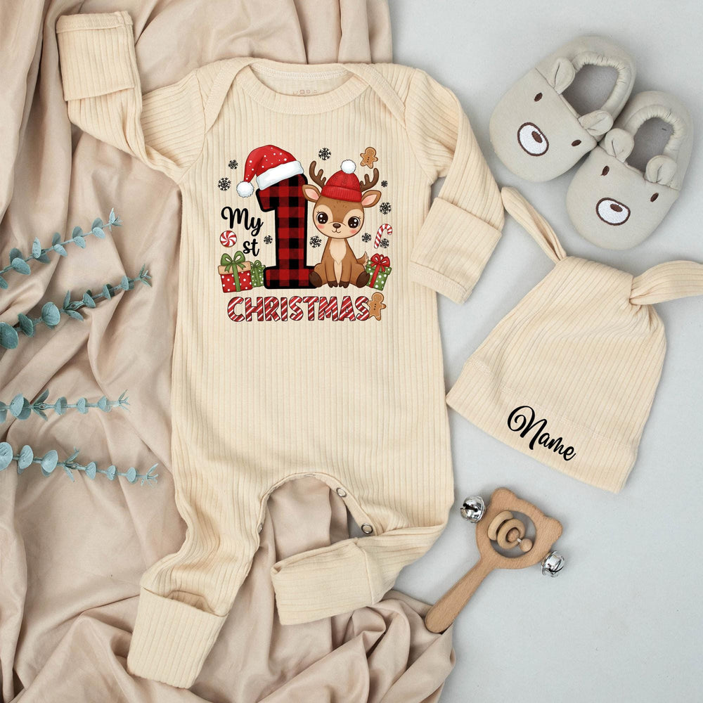 Personalized My First Christmas Baby Outfit with Reindeer and Santa Hat Infant Romper and Hat Set Custom Name Perfect Holiday Gift