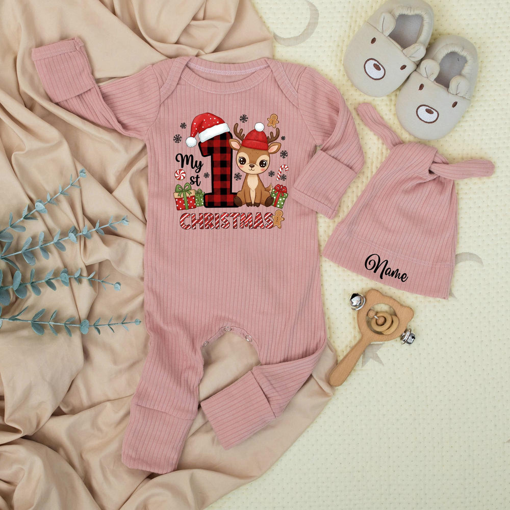 Personalized My First Christmas Baby Outfit with Reindeer and Santa Hat Infant Romper and Hat Set Custom Name Perfect Holiday Gift