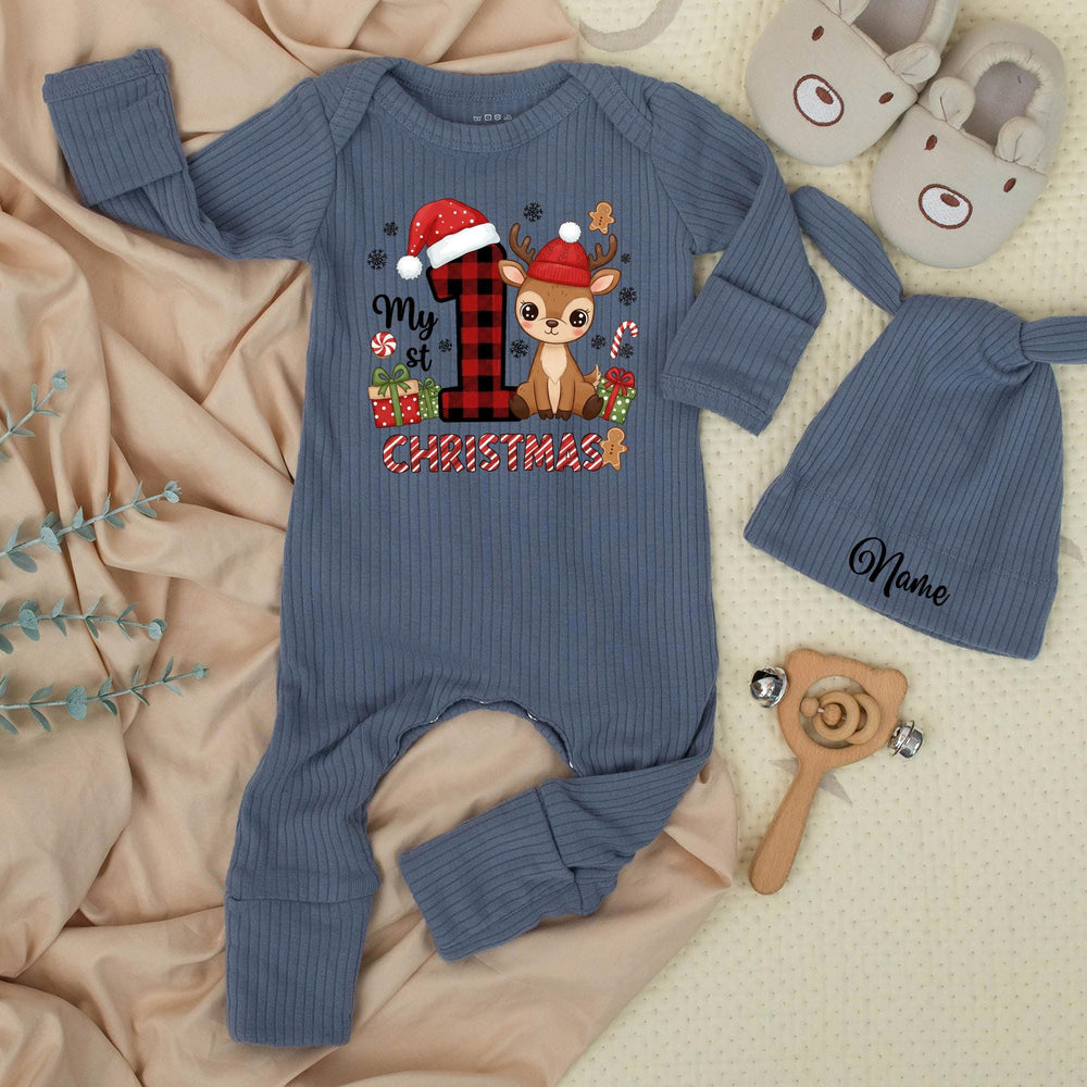 Personalized My First Christmas Baby Outfit with Reindeer and Santa Hat Infant Romper and Hat Set Custom Name Perfect Holiday Gift