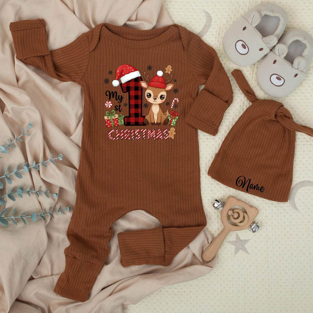 Personalized My First Christmas Baby Outfit with Reindeer and Santa Hat Infant Romper and Hat Set Custom Name Perfect Holiday Gift