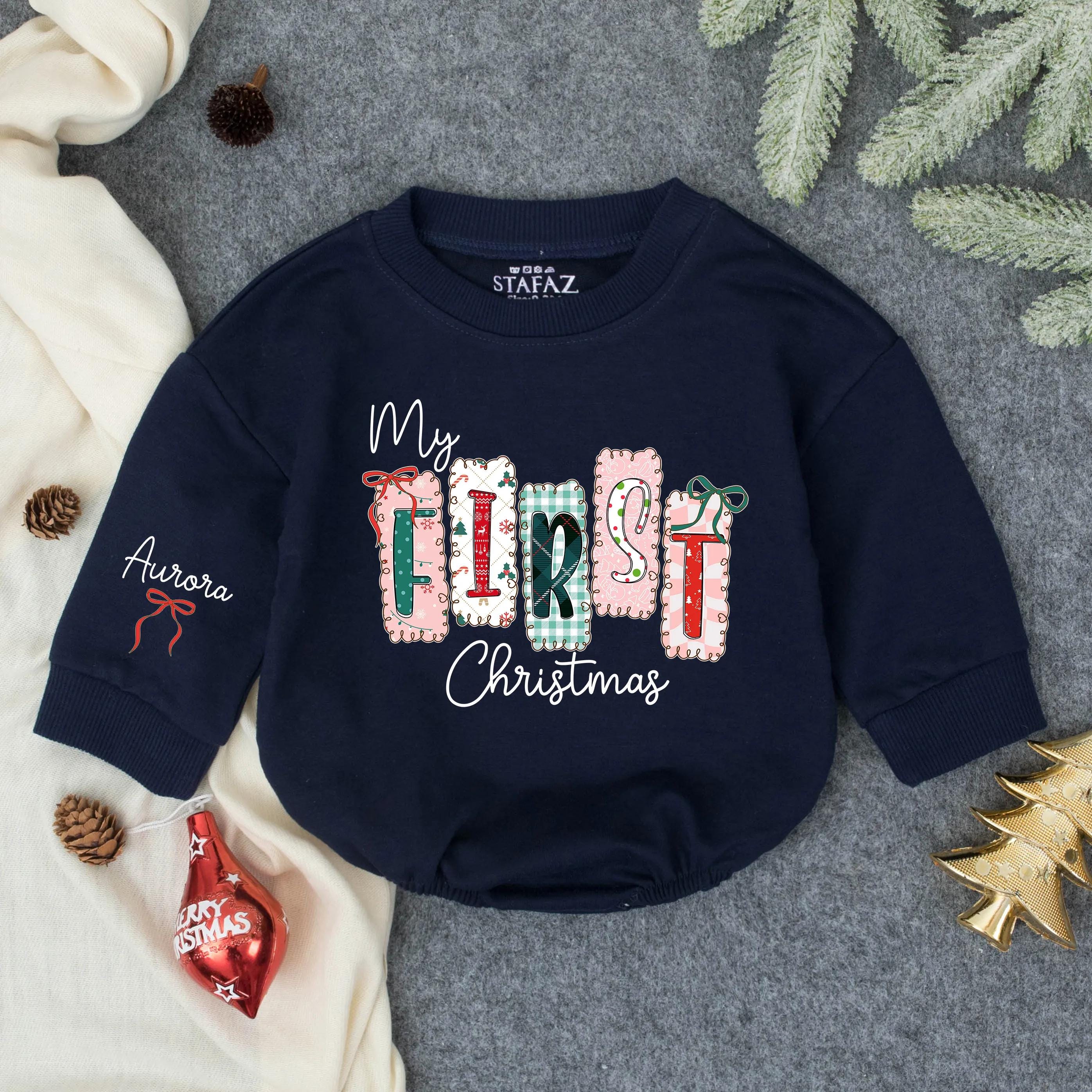 Personalized My First Christmas Romper with Festive Bow Design for Baby Girl Holiday Outfit Soft Toddler Bodysuit Custom Name Gift