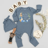 Personalized My First Easter Baby Bodysuit with Hat 2026 Rabbit Design in Blue, Custom Name Infant Gift for Boys or Girls Holiday Outfit