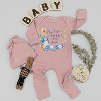 Personalized My First Easter Baby Bodysuit with Hat 2026 Rabbit Design in Blue, Custom Name Infant Gift for Boys or Girls Holiday Outfit