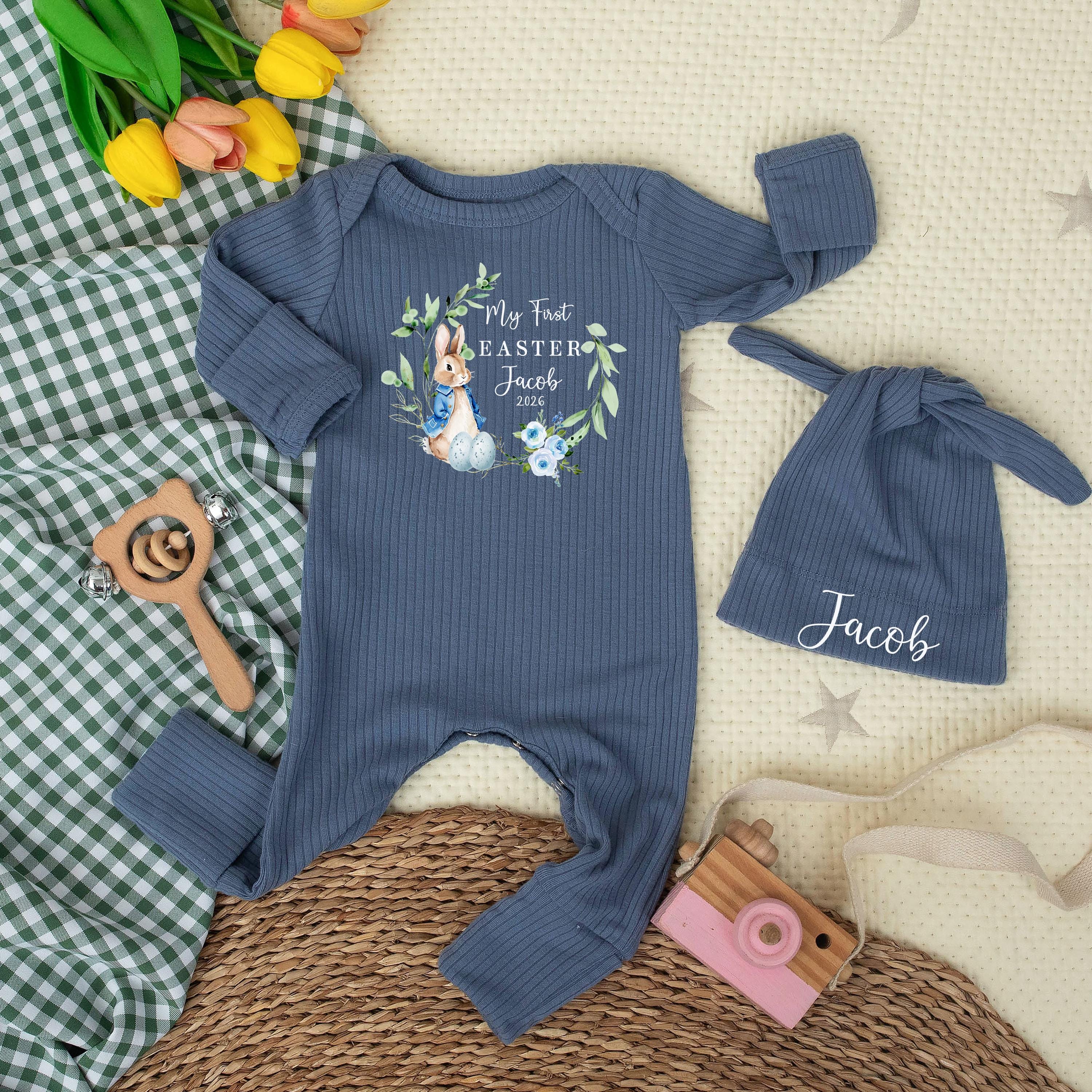 Personalized My First Easter Baby Bodysuit and Hat Set for Baby Boy, Custom Bunny Outfit with Name Jacob 2026, Easter Gift Keepsake