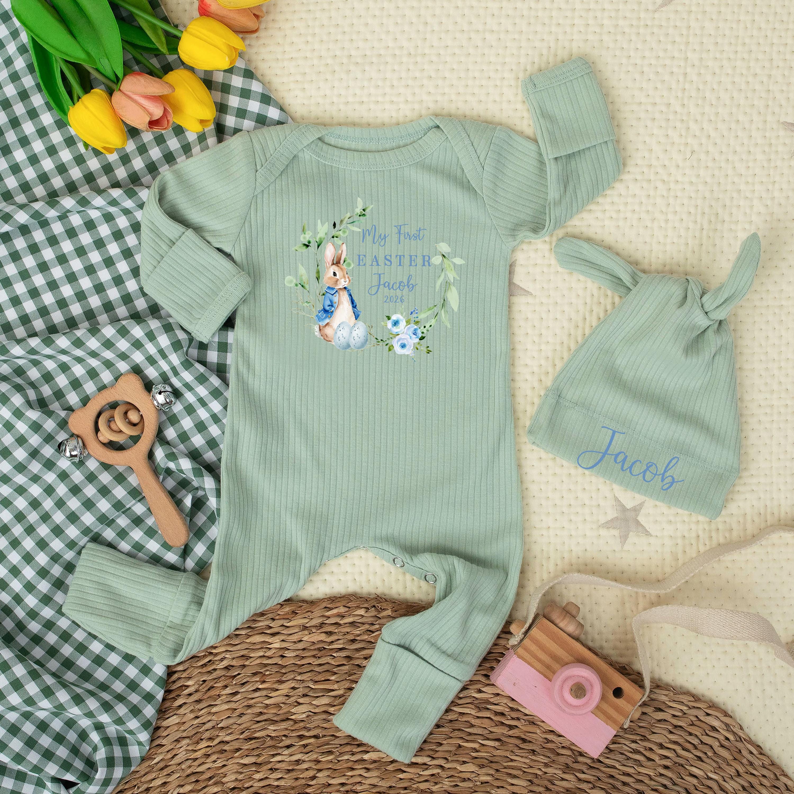 Personalized My First Easter Baby Bodysuit and Hat Set for Baby Boy, Custom Bunny Outfit with Name Jacob 2026, Easter Gift Keepsake
