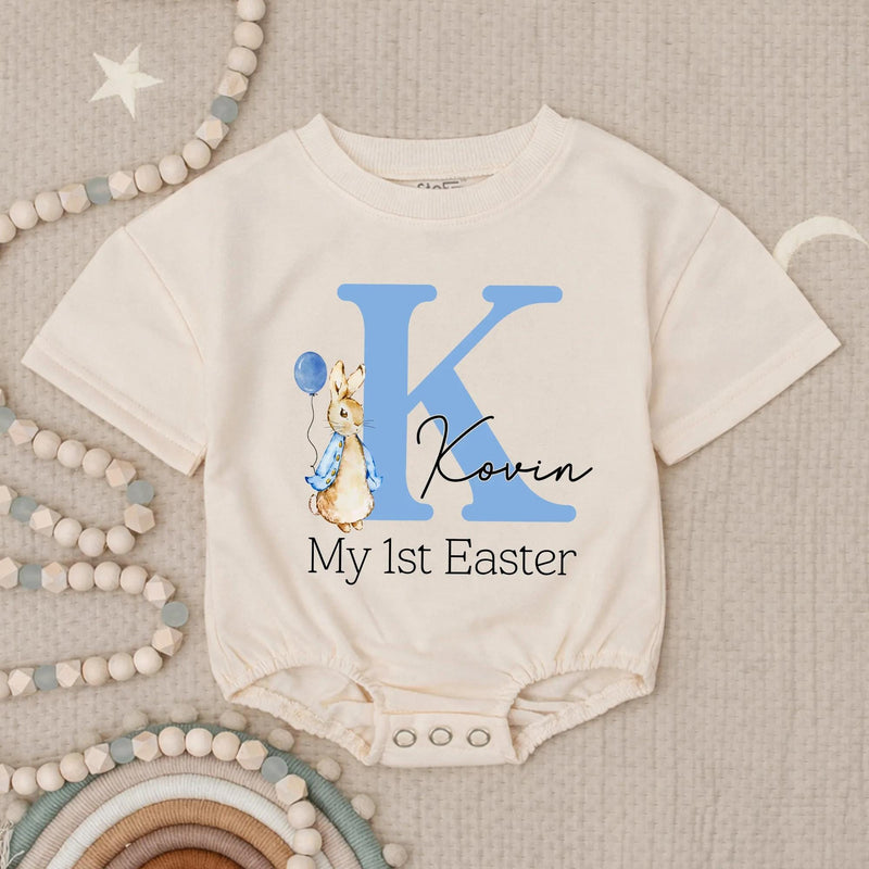 Personalized My First Easter Baby Romper Blue Bunny Outfit for Boy, Light Blue Letter K Design with Balloon and Name Kovin Gift Keepsake