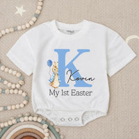 Personalized My First Easter Baby Romper Blue Bunny Outfit for Boy, Light Blue Letter K Design with Balloon and Name Kovin Gift Keepsake