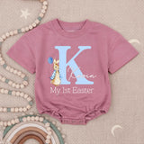 Personalized My First Easter Baby Romper Blue Bunny Outfit for Boy, Light Blue Letter K Design with Balloon and Name Kovin Gift Keepsake