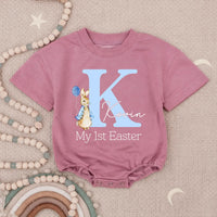 Personalized My First Easter Baby Romper Blue Bunny Outfit for Boy, Light Blue Letter K Design with Balloon and Name Kovin Gift Keepsake
