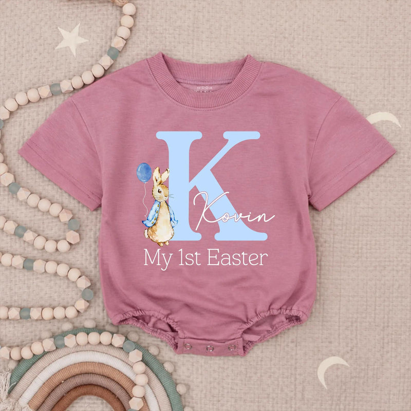 Personalized My First Easter Baby Romper Blue Bunny Outfit for Boy, Light Blue Letter K Design with Balloon and Name Kovin Gift Keepsake