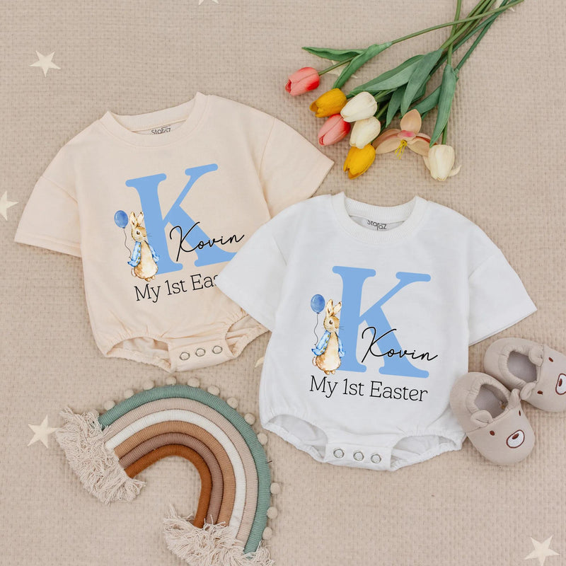 Personalized My First Easter Baby Romper Blue Bunny Outfit for Boy, Light Blue Letter K Design with Balloon and Name Kovin Gift Keepsake