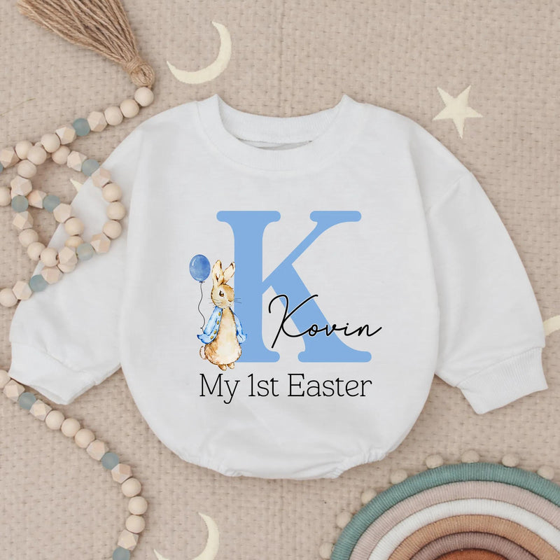 Personalized My First Easter Baby Romper Blue Bunny Outfit for Boy, Light Blue Letter K Design with Balloon and Name Kovin Gift Keepsake