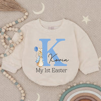 Personalized My First Easter Baby Romper Blue Bunny Outfit for Boy, Light Blue Letter K Design with Balloon and Name Kovin Gift Keepsake