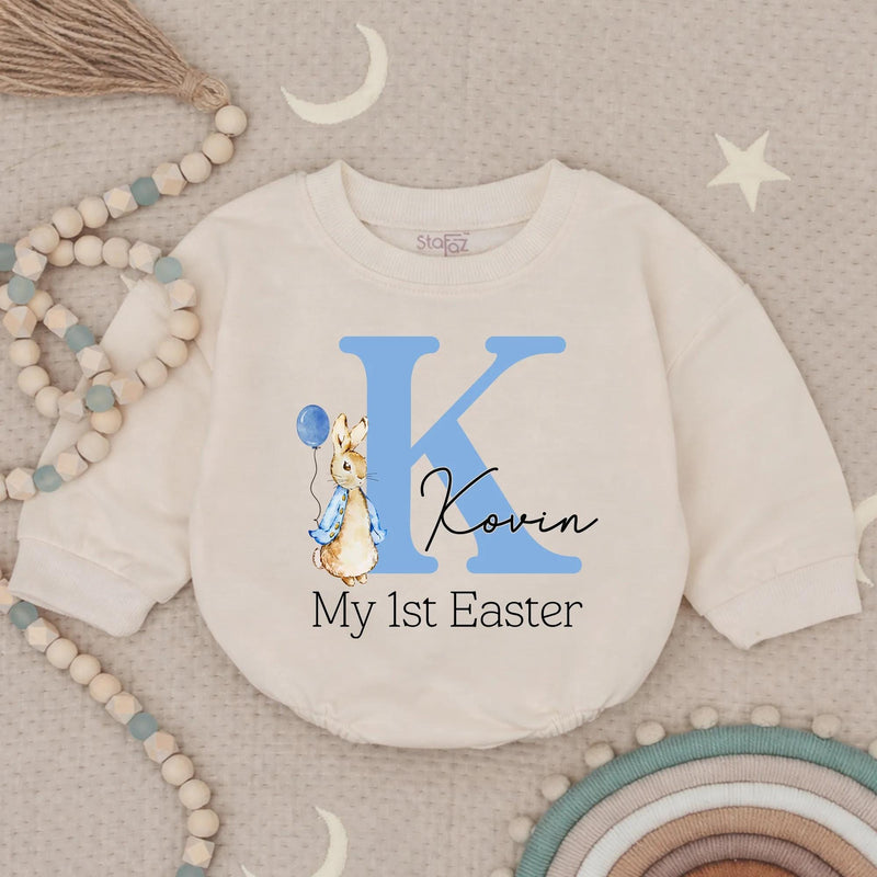 Personalized My First Easter Baby Romper Blue Bunny Outfit for Boy, Light Blue Letter K Design with Balloon and Name Kovin Gift Keepsake
