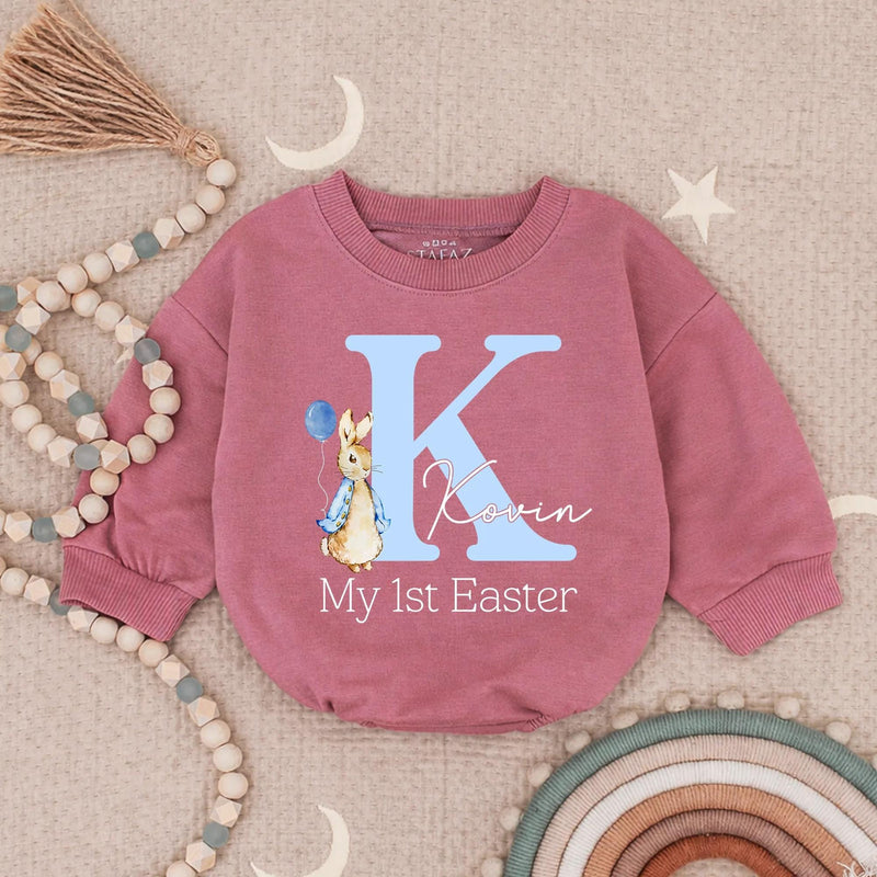 Personalized My First Easter Baby Romper Blue Bunny Outfit for Boy, Light Blue Letter K Design with Balloon and Name Kovin Gift Keepsake