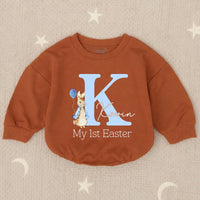Personalized My First Easter Baby Romper Blue Bunny Outfit for Boy, Light Blue Letter K Design with Balloon and Name Kovin Gift Keepsake
