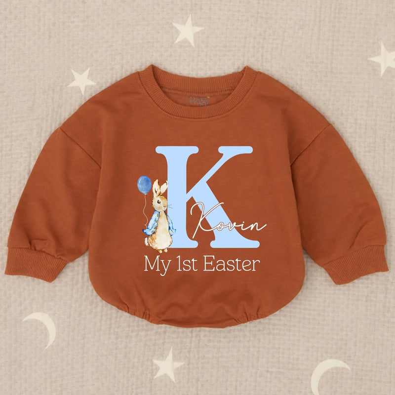 Personalized My First Easter Baby Romper Blue Bunny Outfit for Boy, Light Blue Letter K Design with Balloon and Name Kovin Gift Keepsake