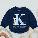 Personalized My First Easter Baby Romper Blue Bunny Outfit for Boy, Light Blue Letter K Design with Balloon and Name Kovin Gift Keepsake