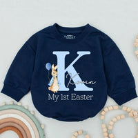 Personalized My First Easter Baby Romper Blue Bunny Outfit for Boy, Light Blue Letter K Design with Balloon and Name Kovin Gift Keepsake