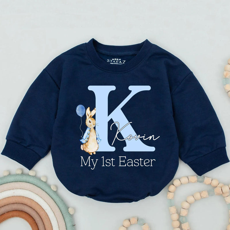 Personalized My First Easter Baby Romper Blue Bunny Outfit for Boy, Light Blue Letter K Design with Balloon and Name Kovin Gift Keepsake