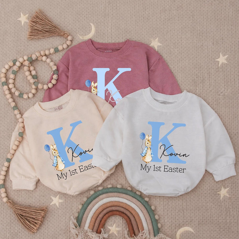 Personalized My First Easter Baby Romper Blue Bunny Outfit for Boy, Light Blue Letter K Design with Balloon and Name Kovin Gift Keepsake