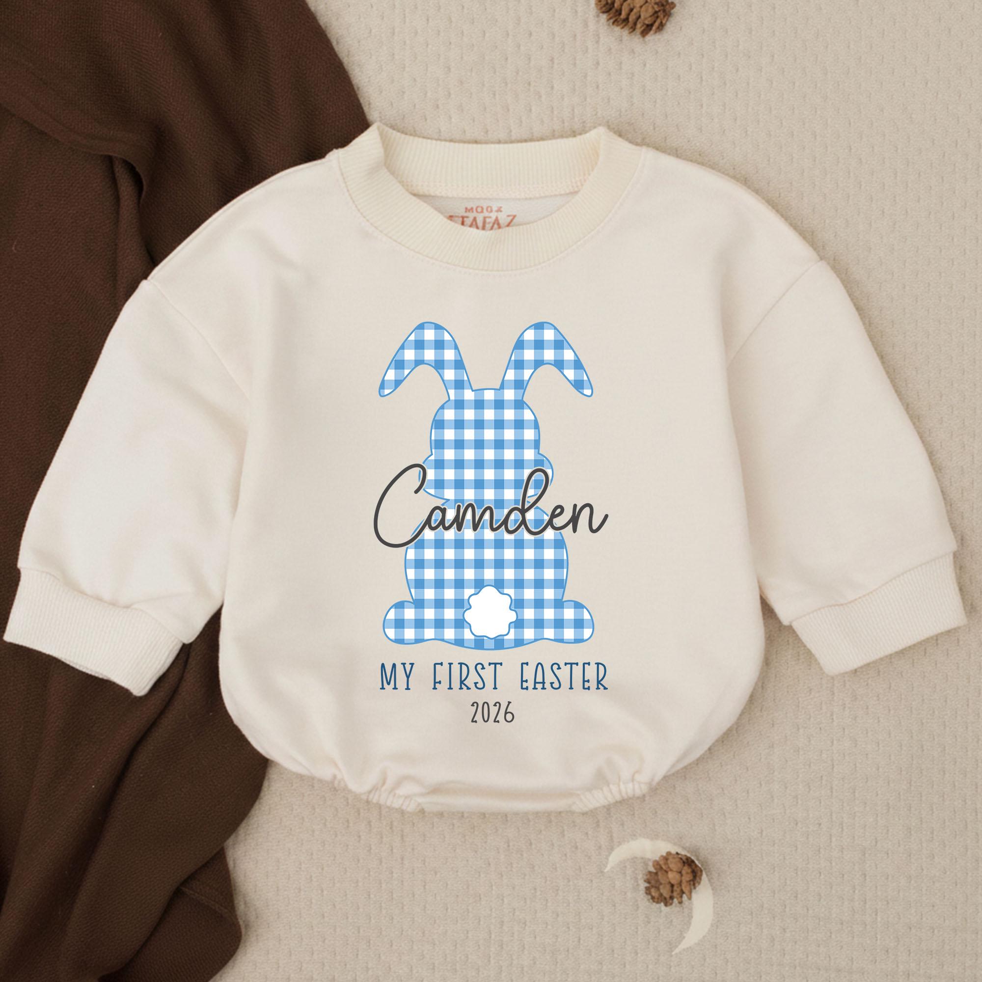 Personalized My First Easter Bunny Romper for Baby Boys 2026 Blue Gingham Outfit Toddler Holiday Clothes Infant Bodysuit Custom Gift