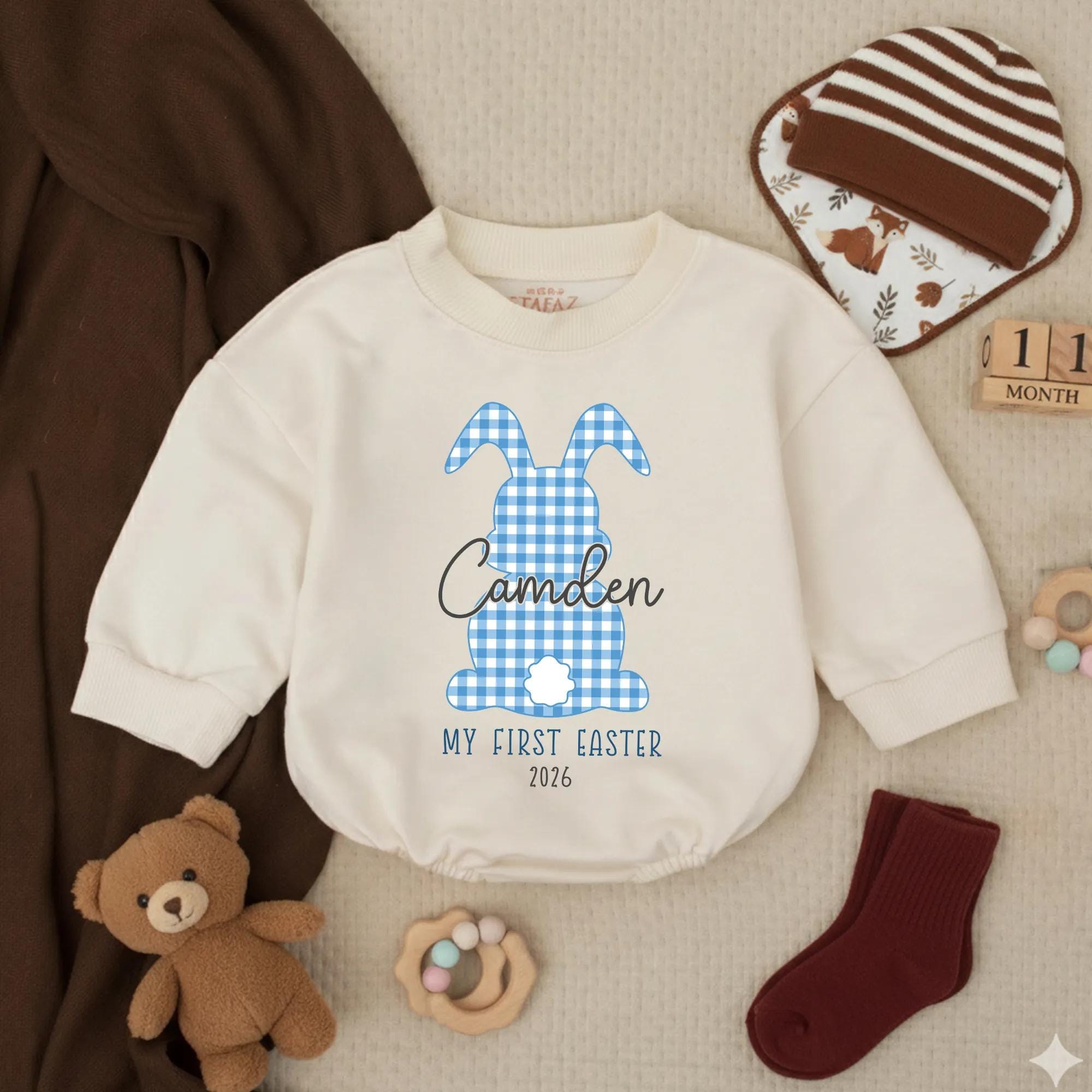 Personalized My First Easter Bunny Romper for Baby Boys 2026 Blue Gingham Outfit Toddler Holiday Clothes Infant Bodysuit Custom Gift