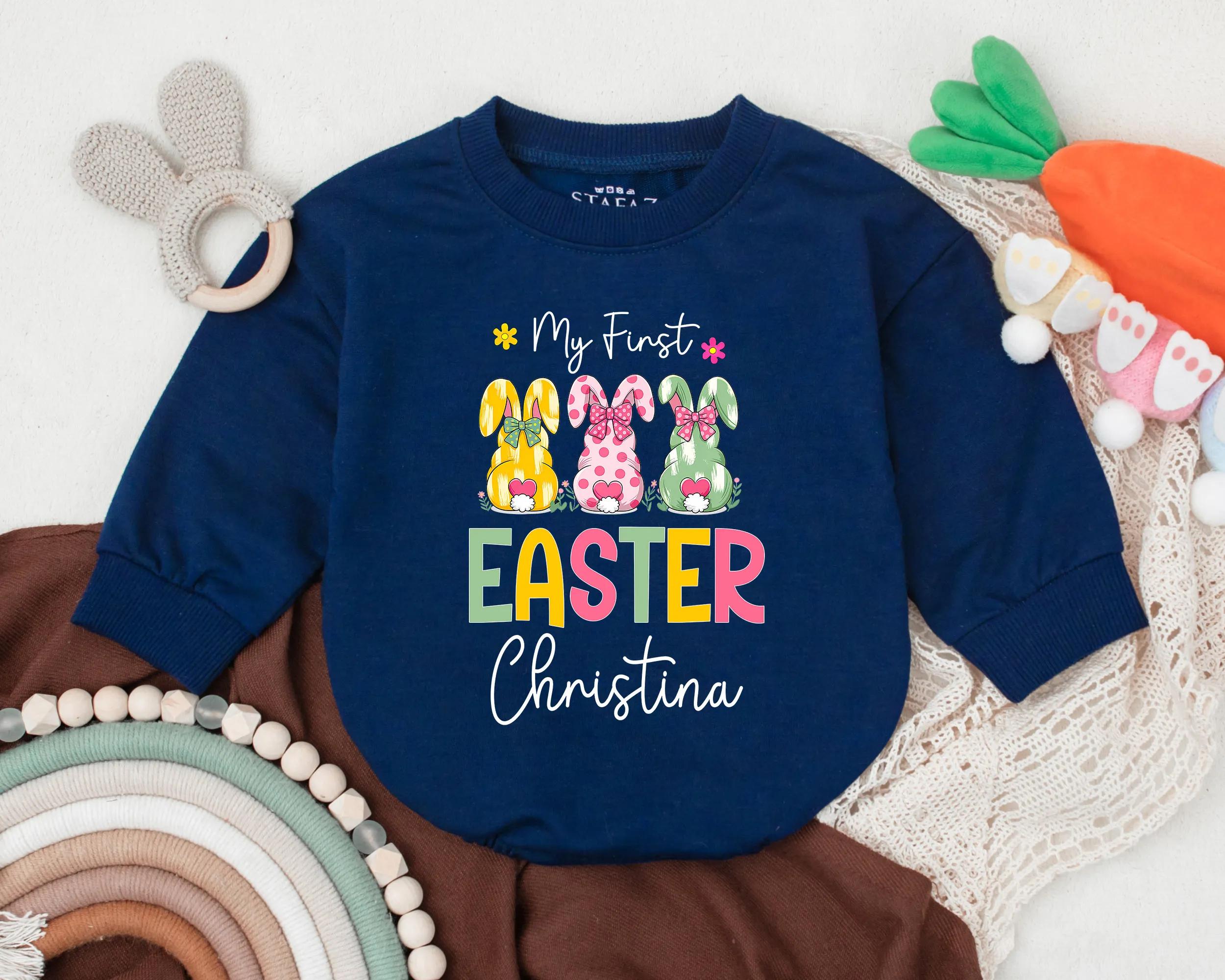 Personalized My First Easter Bunny Romper Baby Outfit Custom Name Infant Girl Boy Bodysuit Gift Festive Colorful Design Easter Celebration