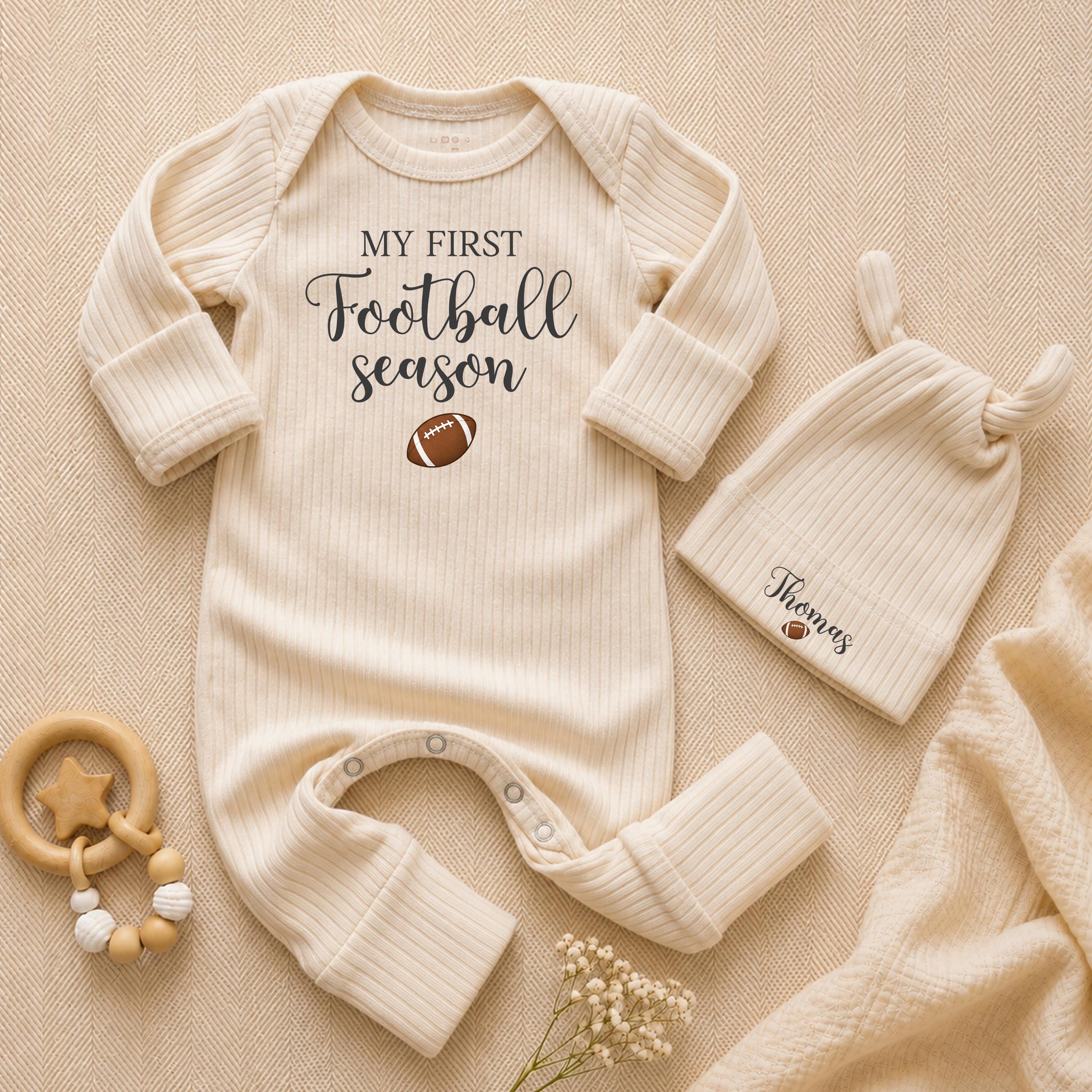 Personalized My First Football Season Baby Bodysuit & Hat Set, Soft Cotton Outfit for Newborn Milestone Photos & Fall Gifting