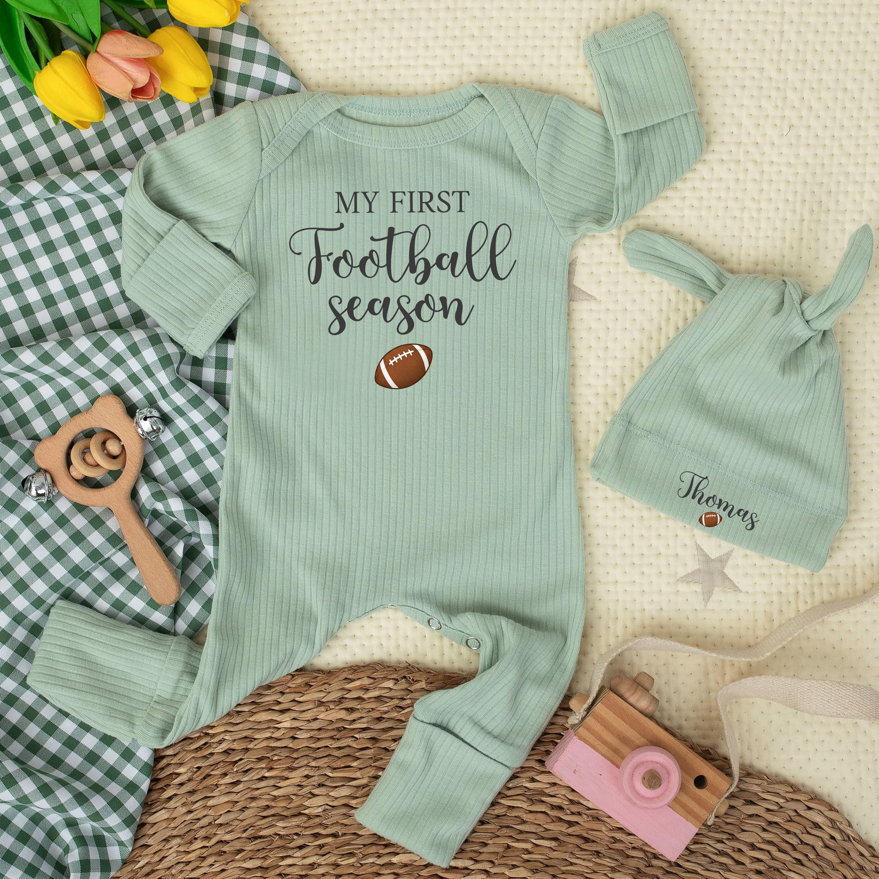 Personalized My First Football Season Baby Bodysuit & Hat Set, Soft Cotton Outfit for Newborn Milestone Photos & Fall Gifting