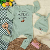 Personalized My First Football Season Baby Bodysuit & Hat Set, Soft Cotton Outfit for Newborn Milestone Photos & Fall Gifting