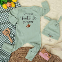 Personalized My First Football Season Baby Bodysuit & Hat Set, Soft Cotton Outfit for Newborn Milestone Photos & Fall Gifting