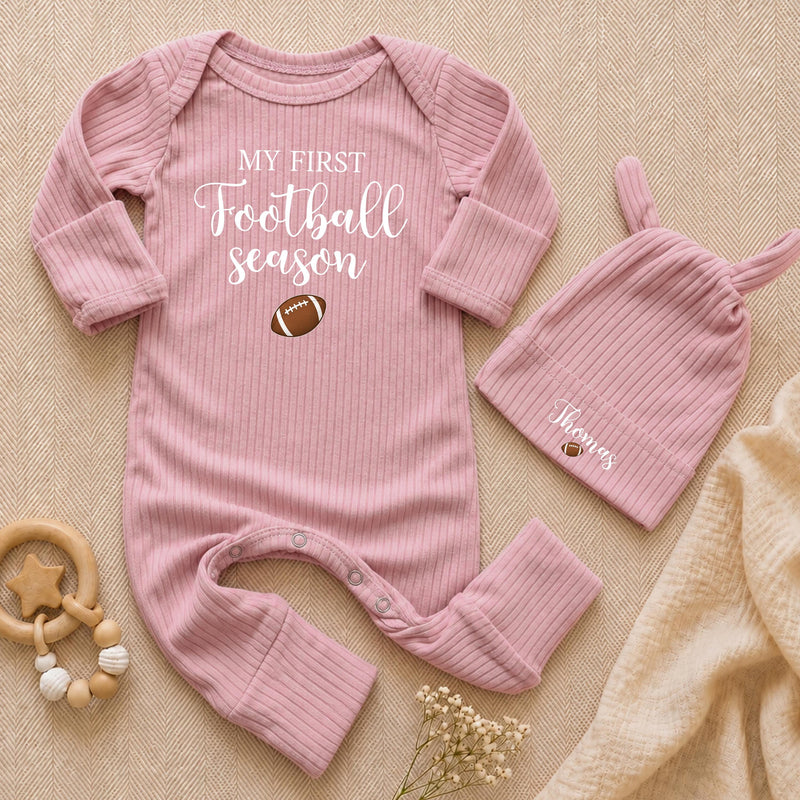 Personalized My First Football Season Baby Bodysuit & Hat Set, Soft Cotton Outfit for Newborn Milestone Photos & Fall Gifting
