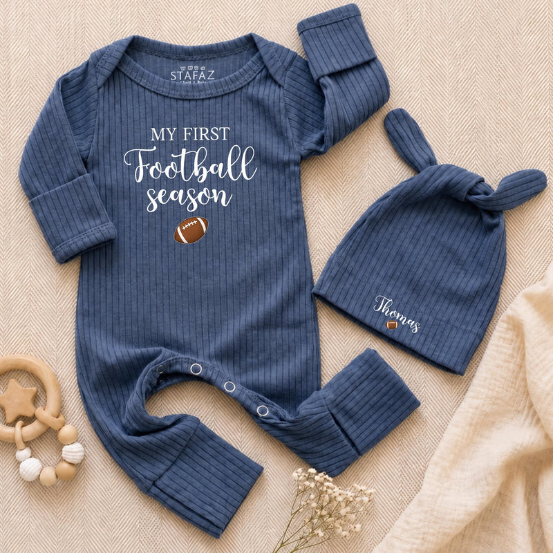 Personalized My First Football Season Baby Bodysuit & Hat Set, Soft Cotton Outfit for Newborn Milestone Photos & Fall Gifting