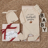 Personalized My First Football Season Baby Bodysuit & Hat Set, Soft Cotton Outfit for Newborn Milestone Photos & Fall Gifting