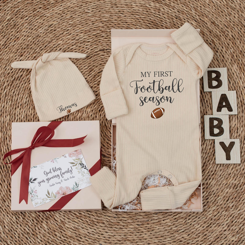 Personalized My First Football Season Baby Bodysuit & Hat Set, Soft Cotton Outfit for Newborn Milestone Photos & Fall Gifting