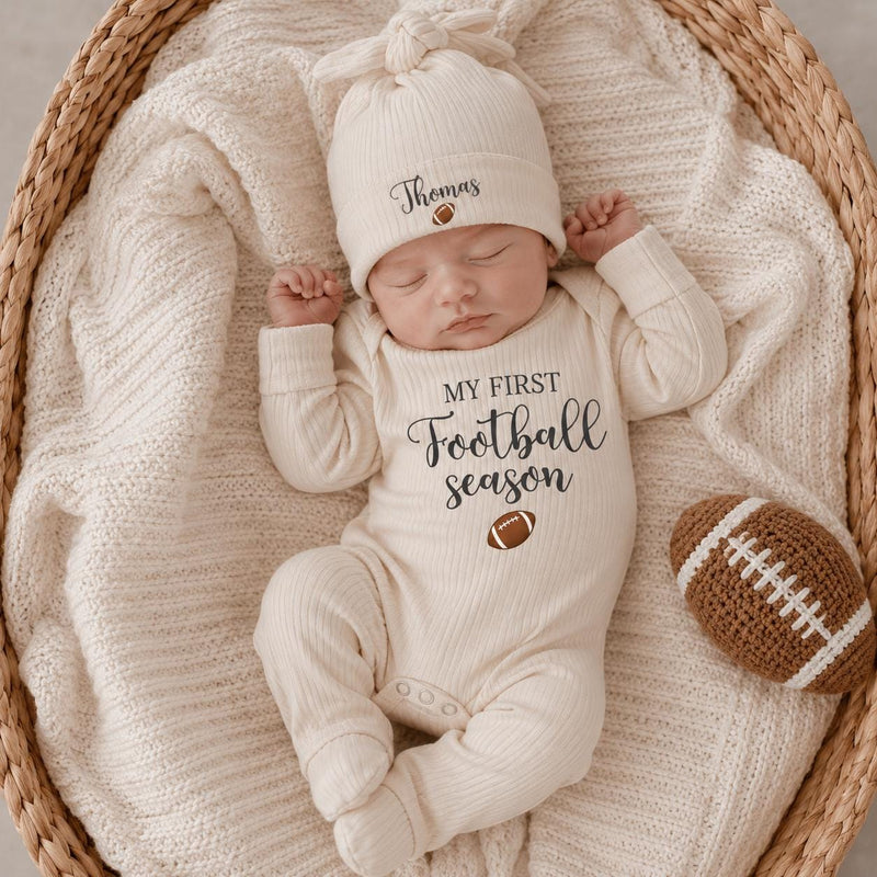 Personalized My First Football Season Baby Bodysuit & Hat Set, Soft Cotton Outfit for Newborn Milestone Photos & Fall Gifting