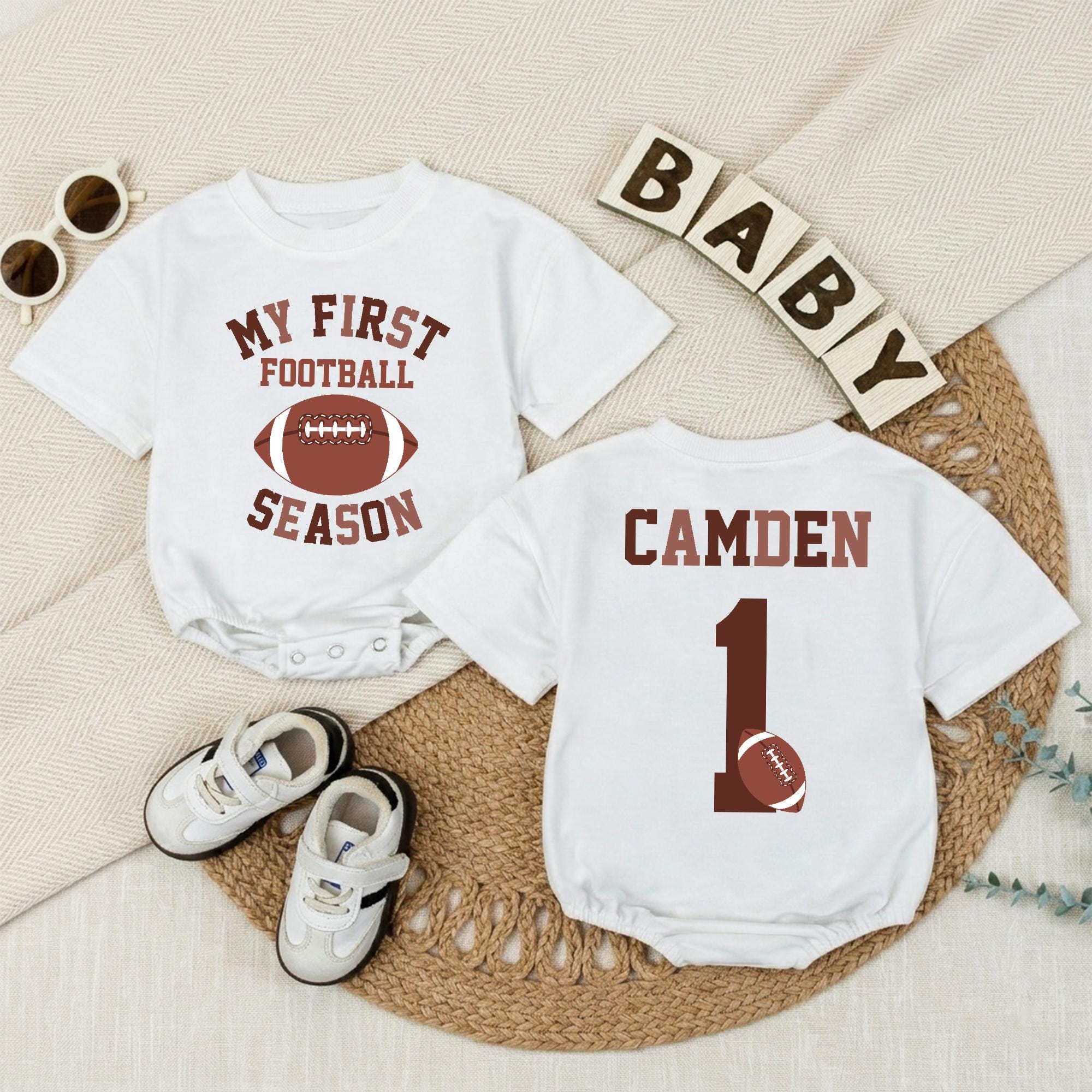 Personalized My First Football Season Baby Romper with Name and Number, Custom Football Bodysuit for Baby Shower or Sports Lover Gift